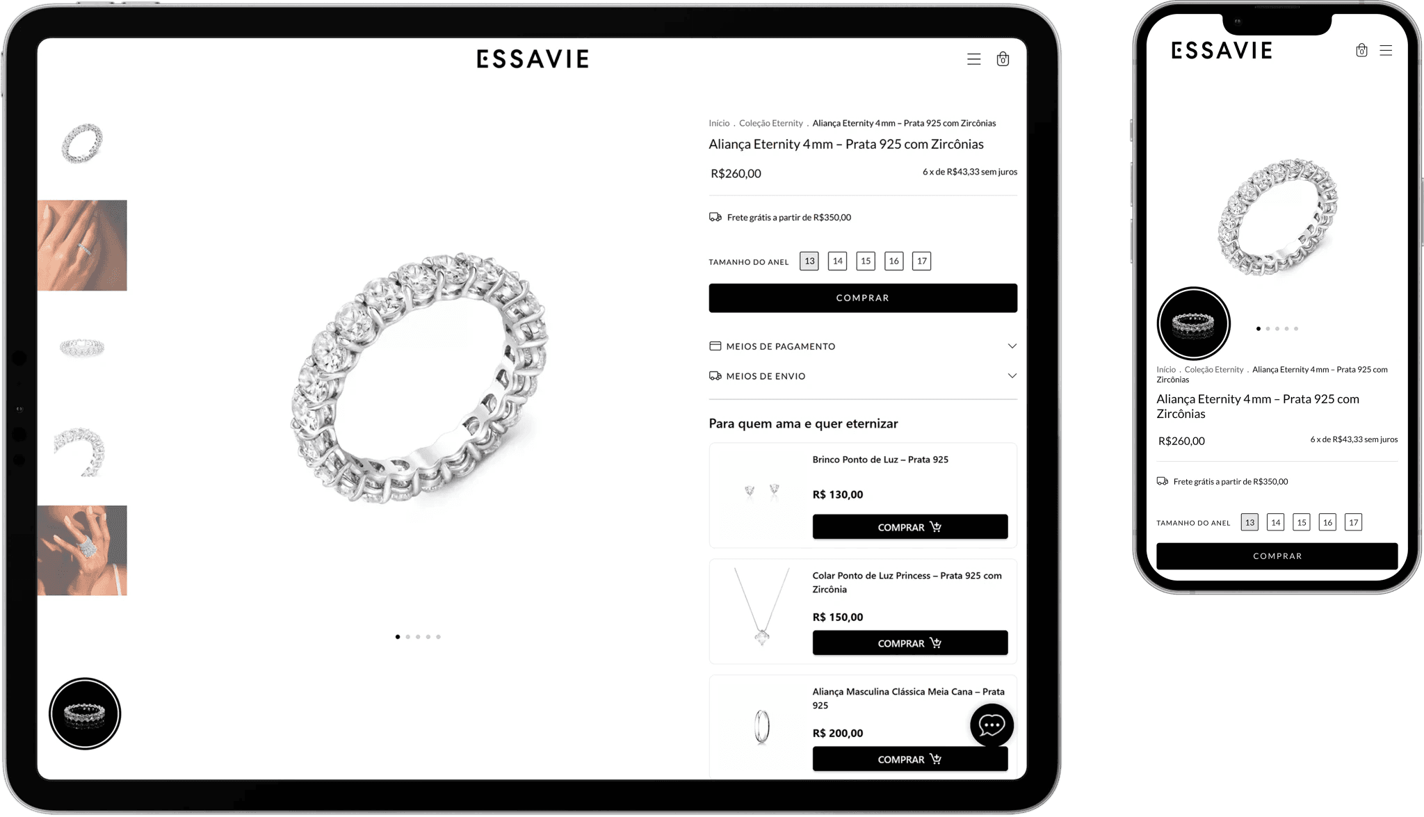 Página de produto da Essavie aberta em tablet e celular