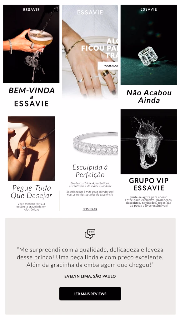 Grid de e-mails de pós-compra e review de cliente da Essavie