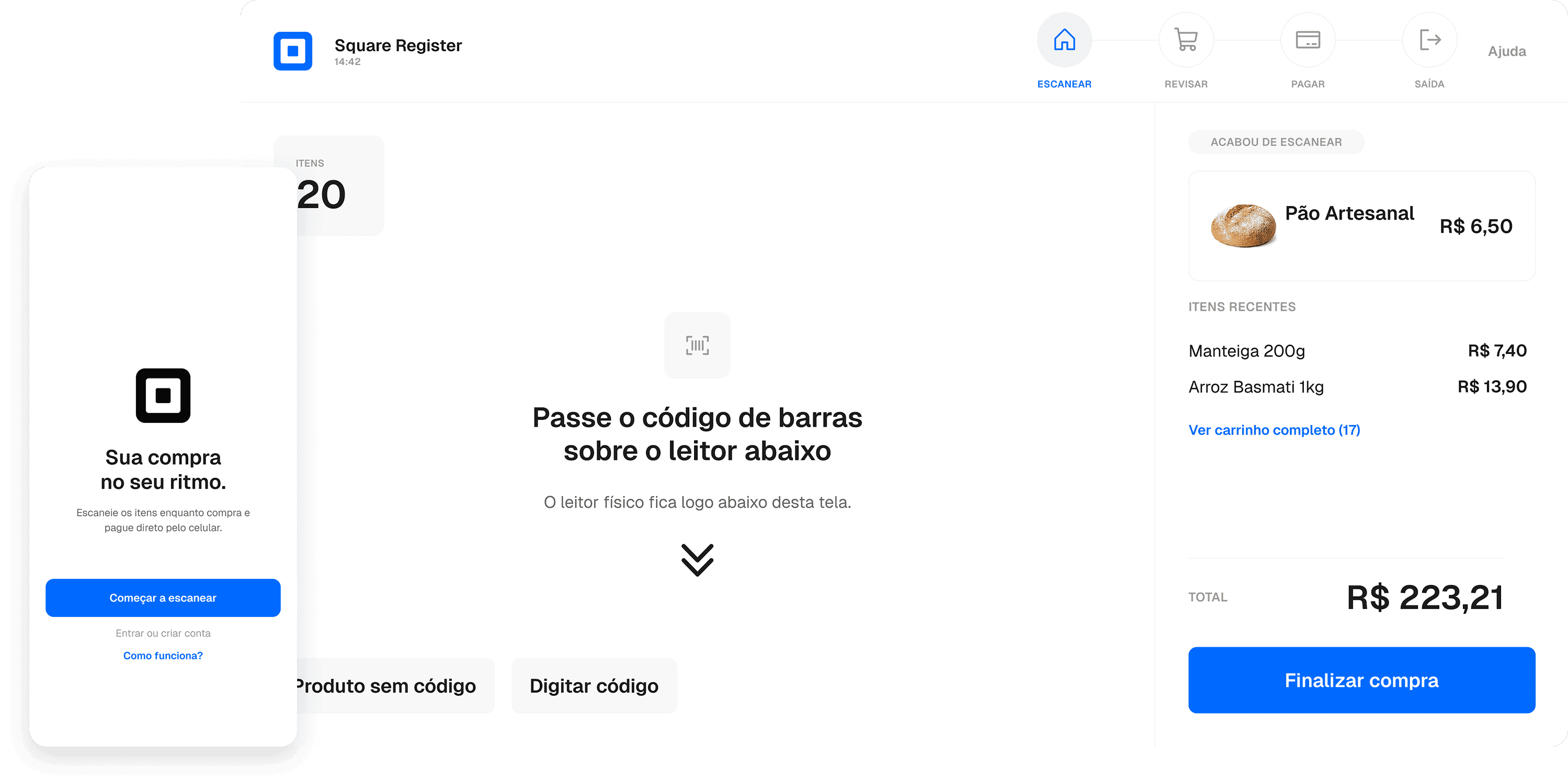 Composição do redesign do autoatendimento Square: totem e app lado a lado