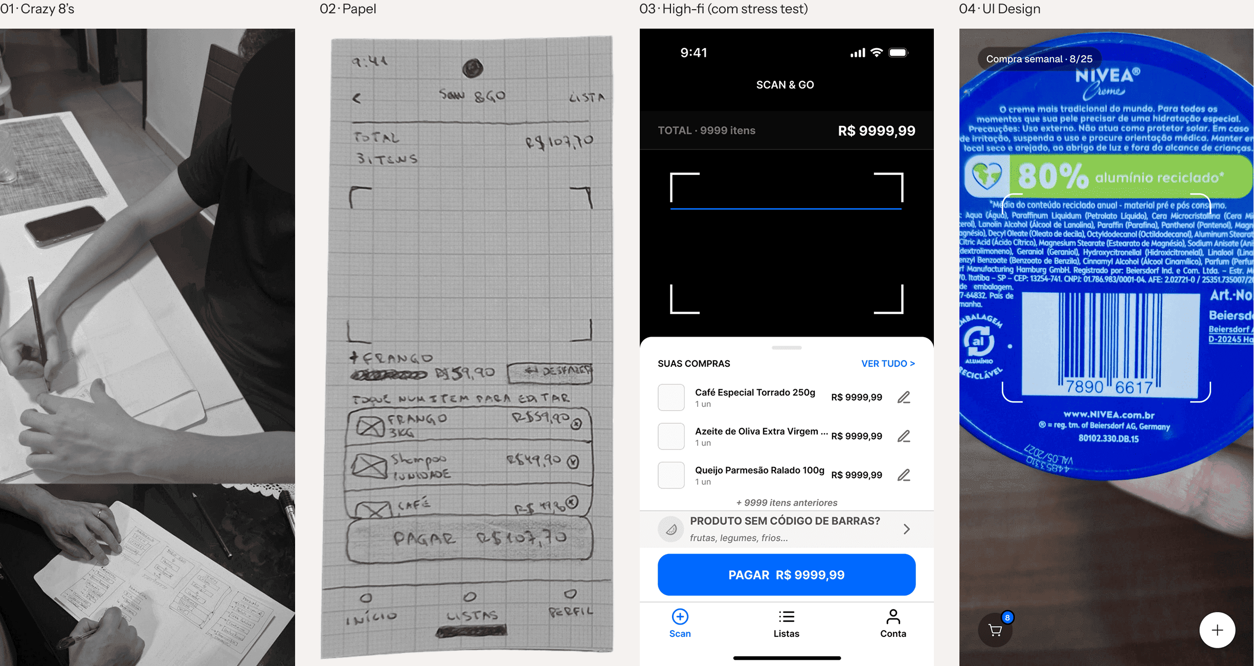 Sequência de design e prototipação: 01 Crazy 8's (esboços em papel), 02 wireframe em papel, 03 protótipo de alta fidelidade com stress test, 04 UI final testada em produto real
